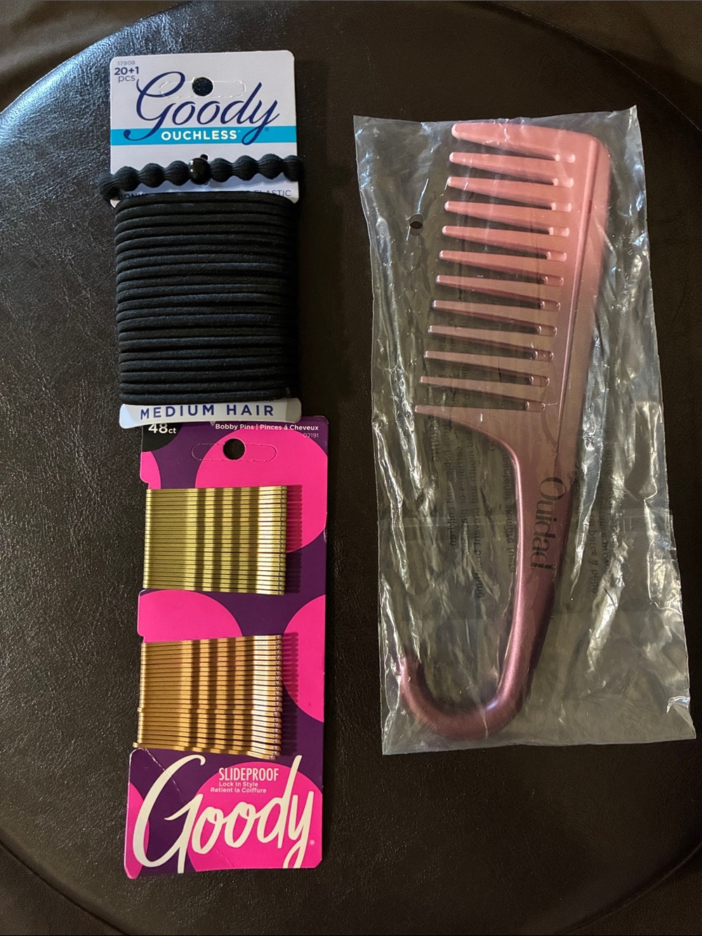 Goody Pink Wide-Tooth Comb with Black Hair Ties and Gold Bobby Pins